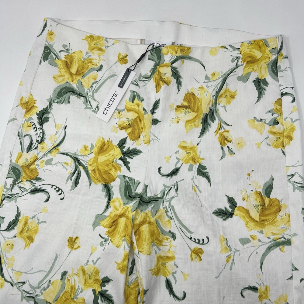 Chicos So Slimming Juliet Pants Womens 12 Yellow Floral Ankle Straight Crop NWT